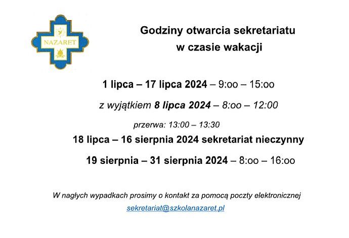 Godziny otwarcia sekretariatu w czasie wakacji 2024